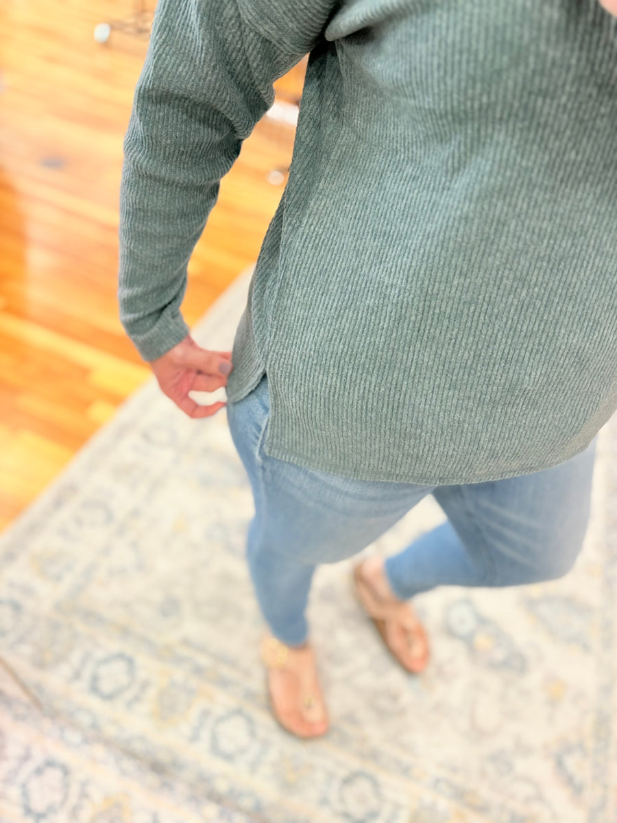 Ribbed V-Neck Drop Shoulder Top- Ash Jade