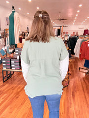 Green Cable Knit Sleeve Raw Hem Shacket