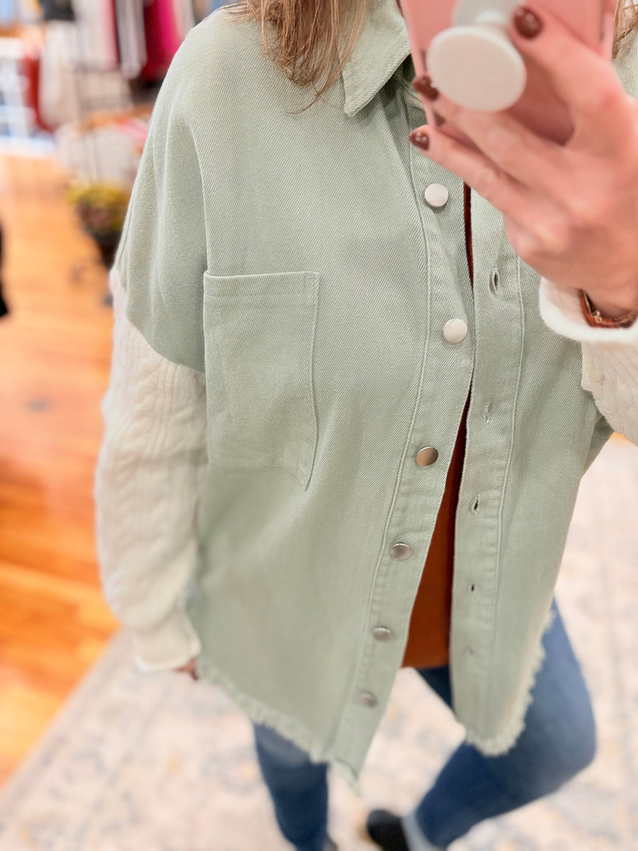 Green Cable Knit Sleeve Raw Hem Shacket