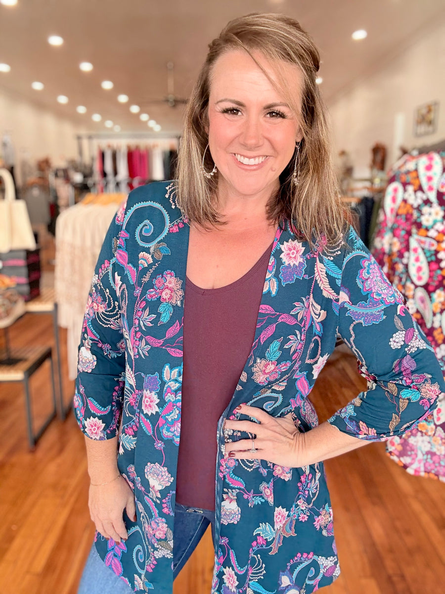 Throw On Cardigan- Teal Paisley