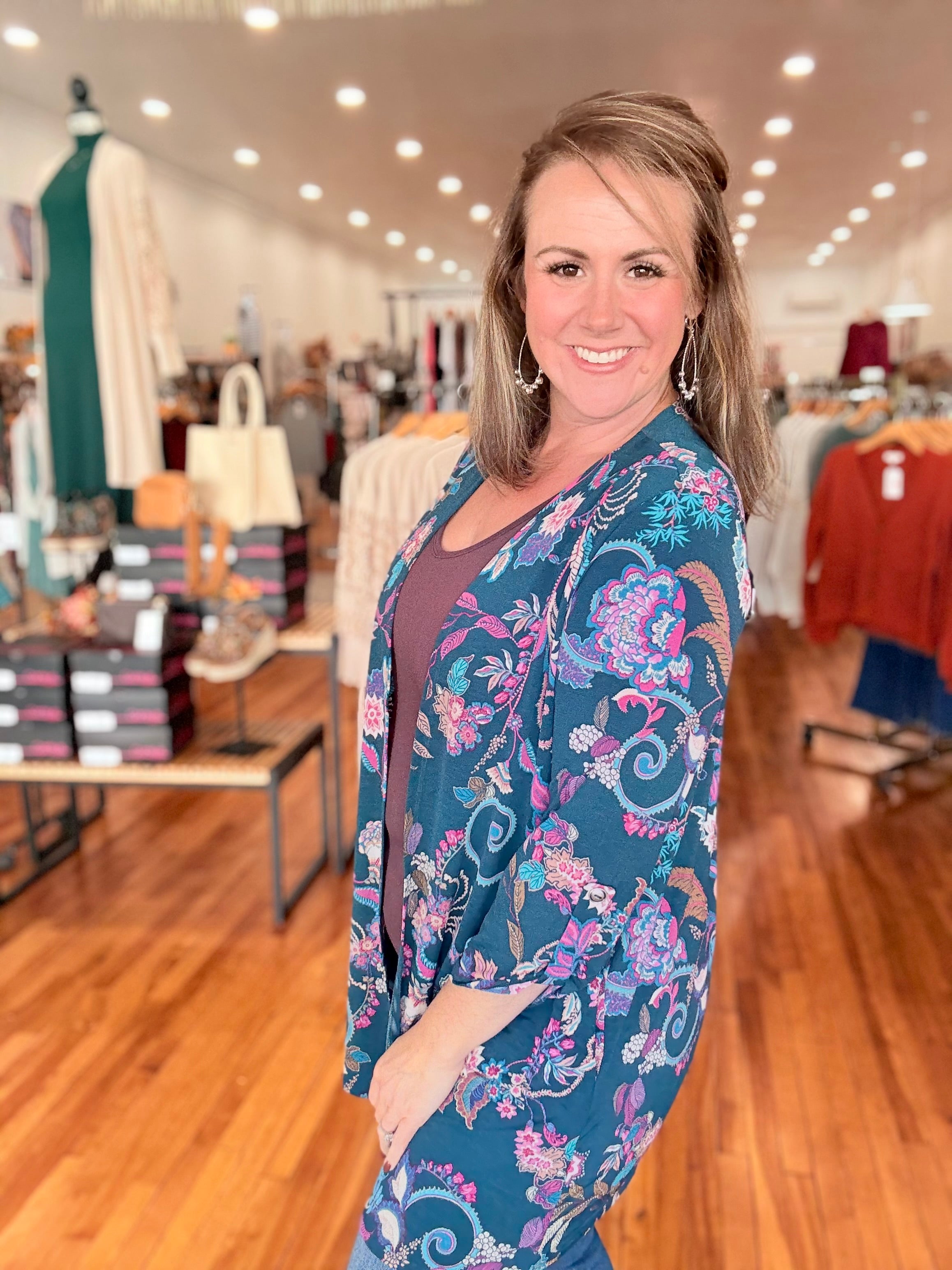 Throw On Cardigan- Teal Paisley