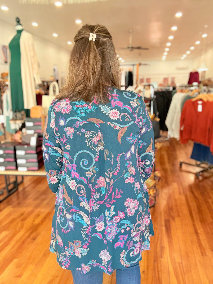 Throw On Cardigan- Teal Paisley