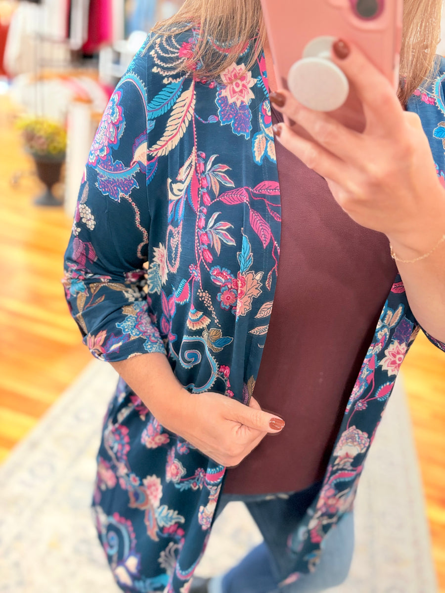 Throw On Cardigan- Teal Paisley