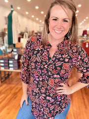 Lizzy 3/4 Sleeve Top- Black Floral