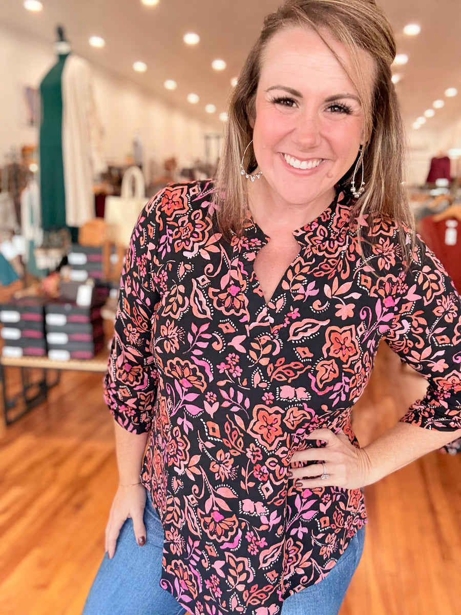 Lizzy 3/4 Sleeve Top- Black Floral