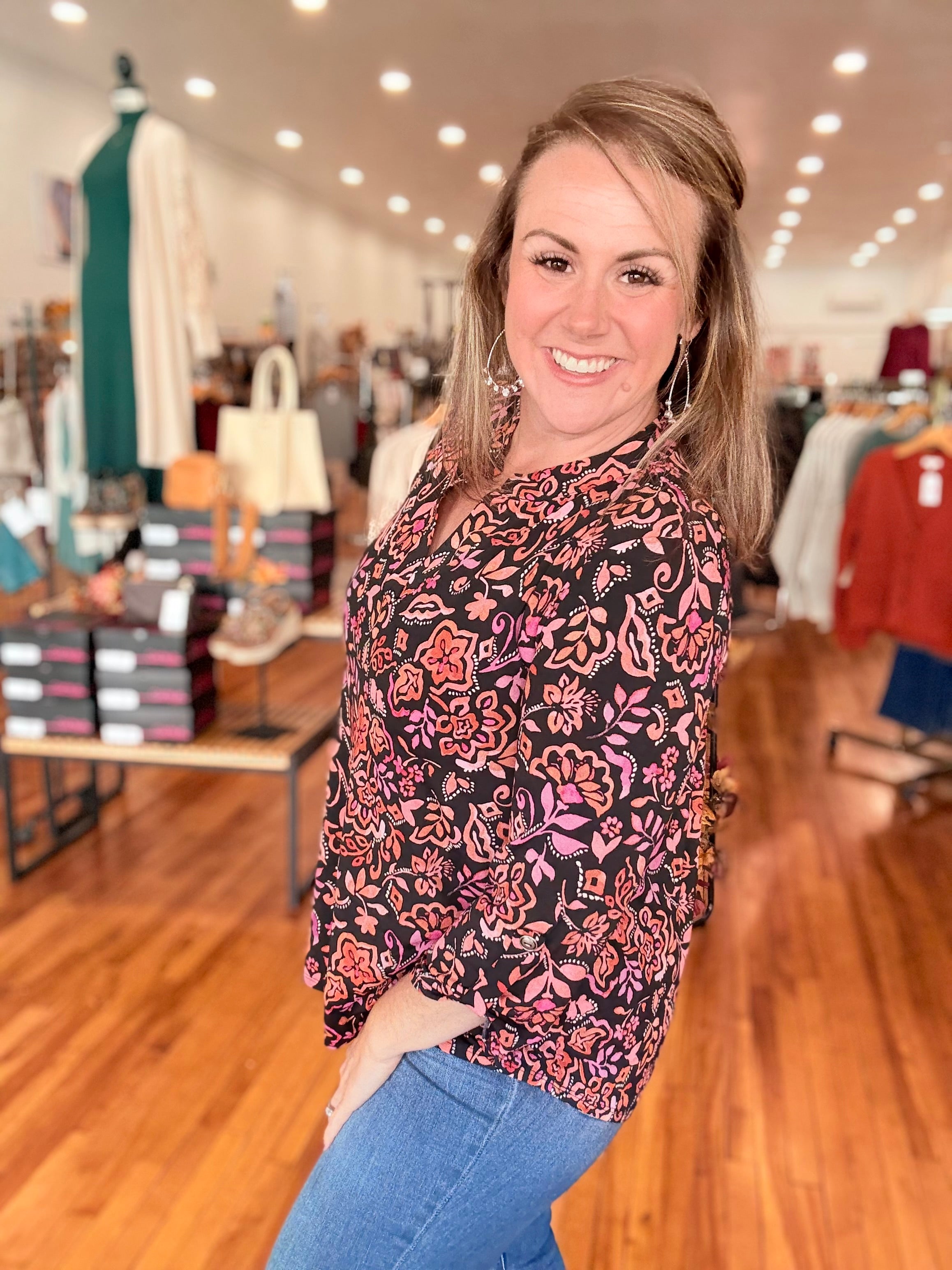 Lizzy 3/4 Sleeve Top- Black Floral
