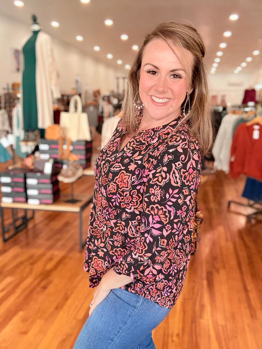 Lizzy 3/4 Sleeve Top- Black Floral