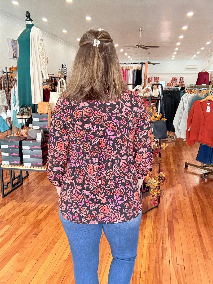 Lizzy 3/4 Sleeve Top- Black Floral
