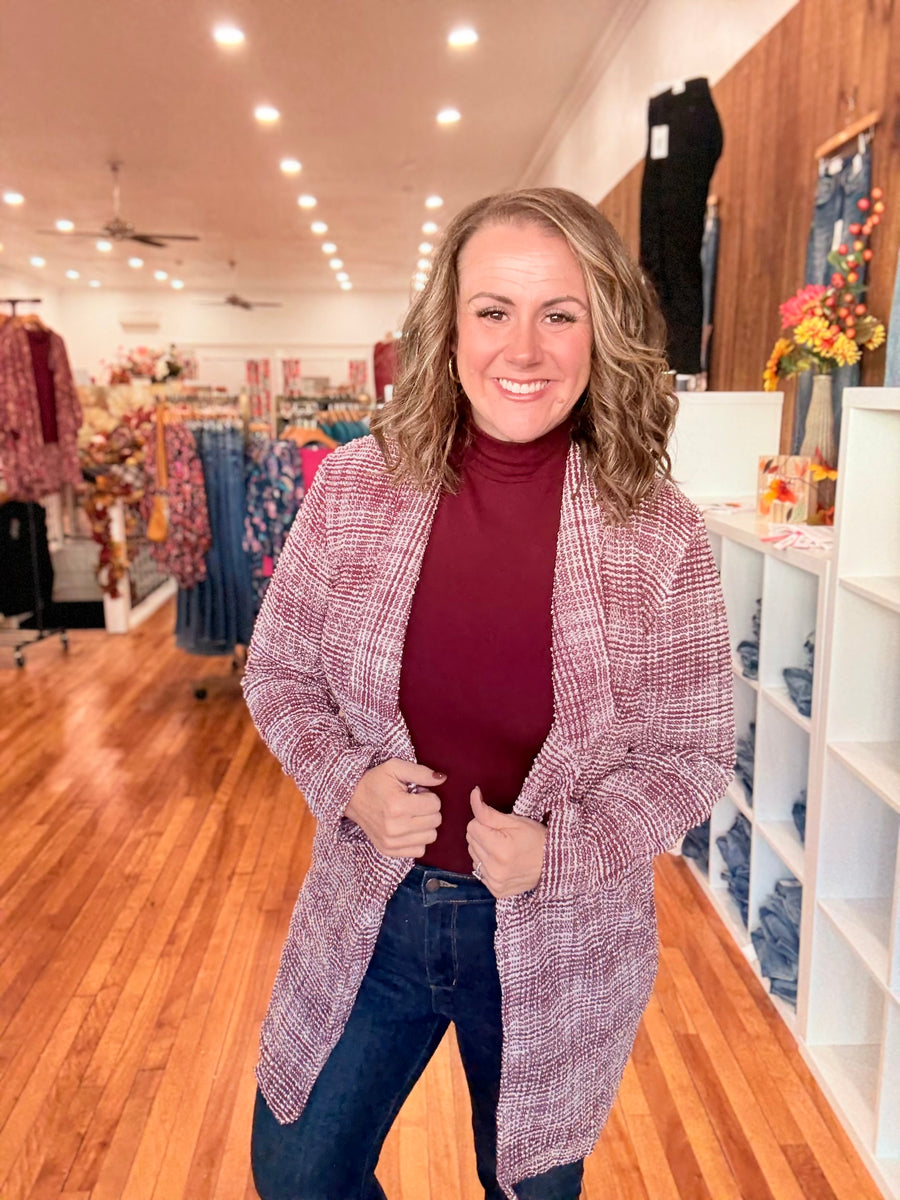 Open Front Midi Blazer- Wine & Ivory