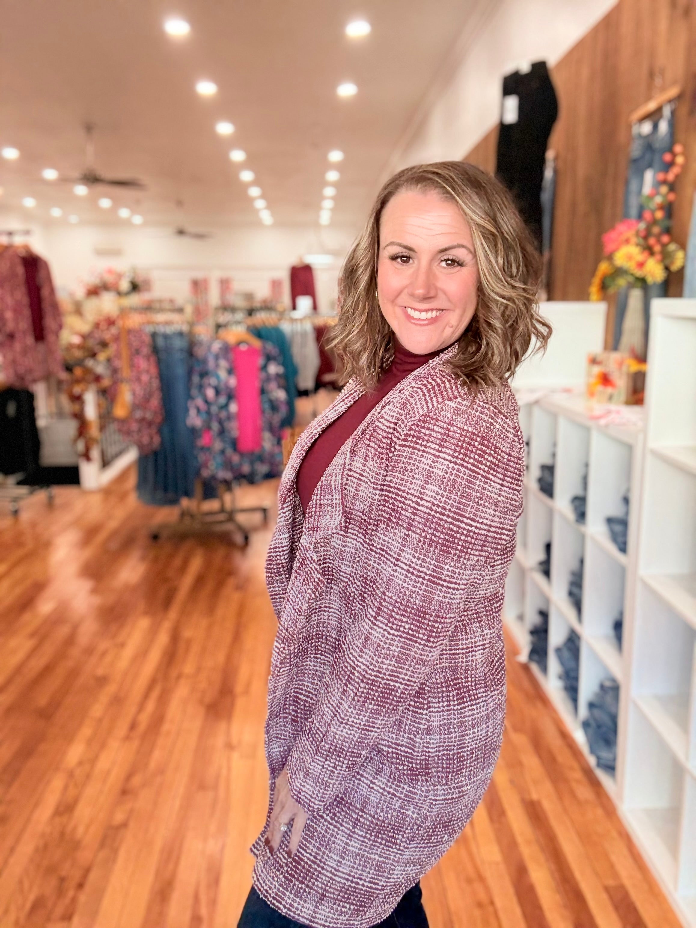 Open Front Midi Blazer- Wine & Ivory