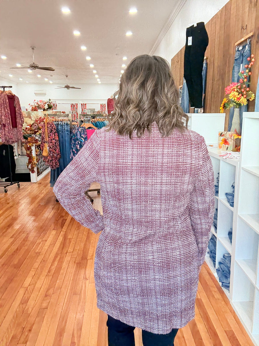 Open Front Midi Blazer- Wine & Ivory