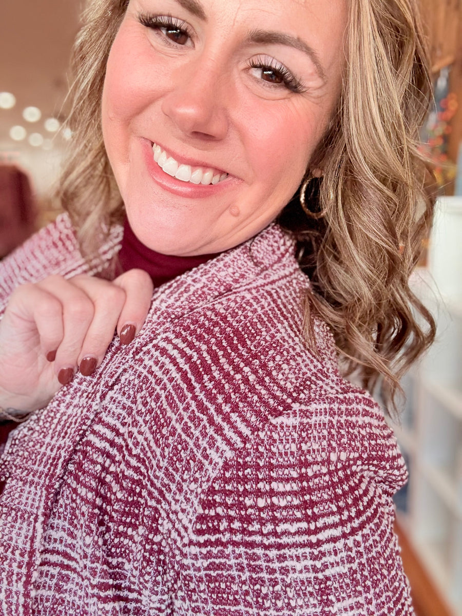 Open Front Midi Blazer- Wine & Ivory