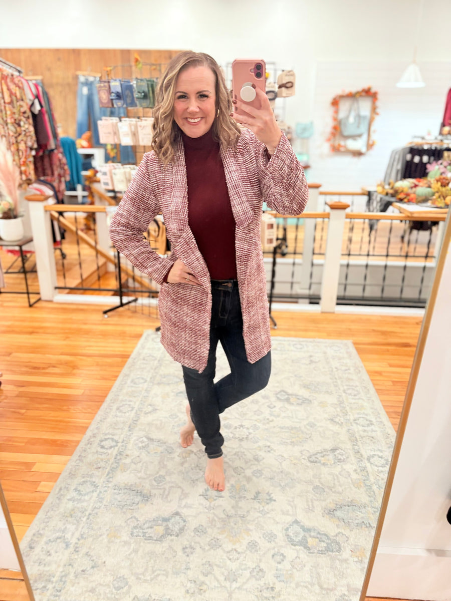 Open Front Midi Blazer- Wine & Ivory