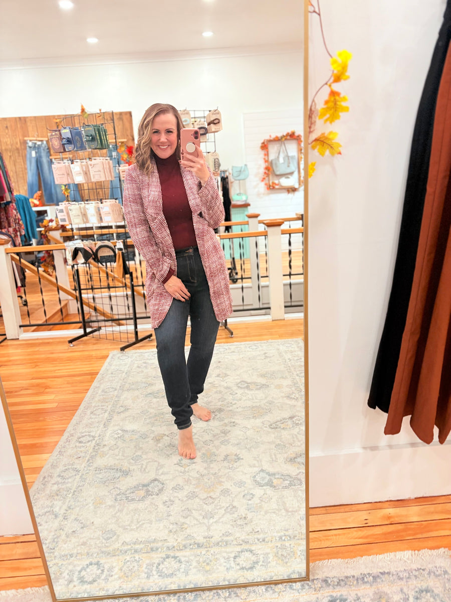 Open Front Midi Blazer- Wine & Ivory