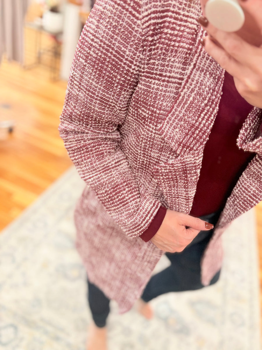 Open Front Midi Blazer- Wine & Ivory