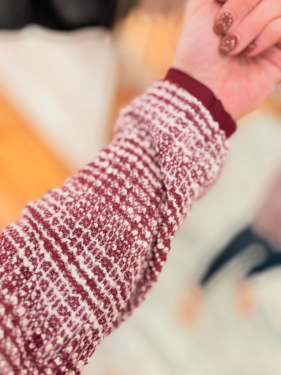 Open Front Midi Blazer- Wine & Ivory