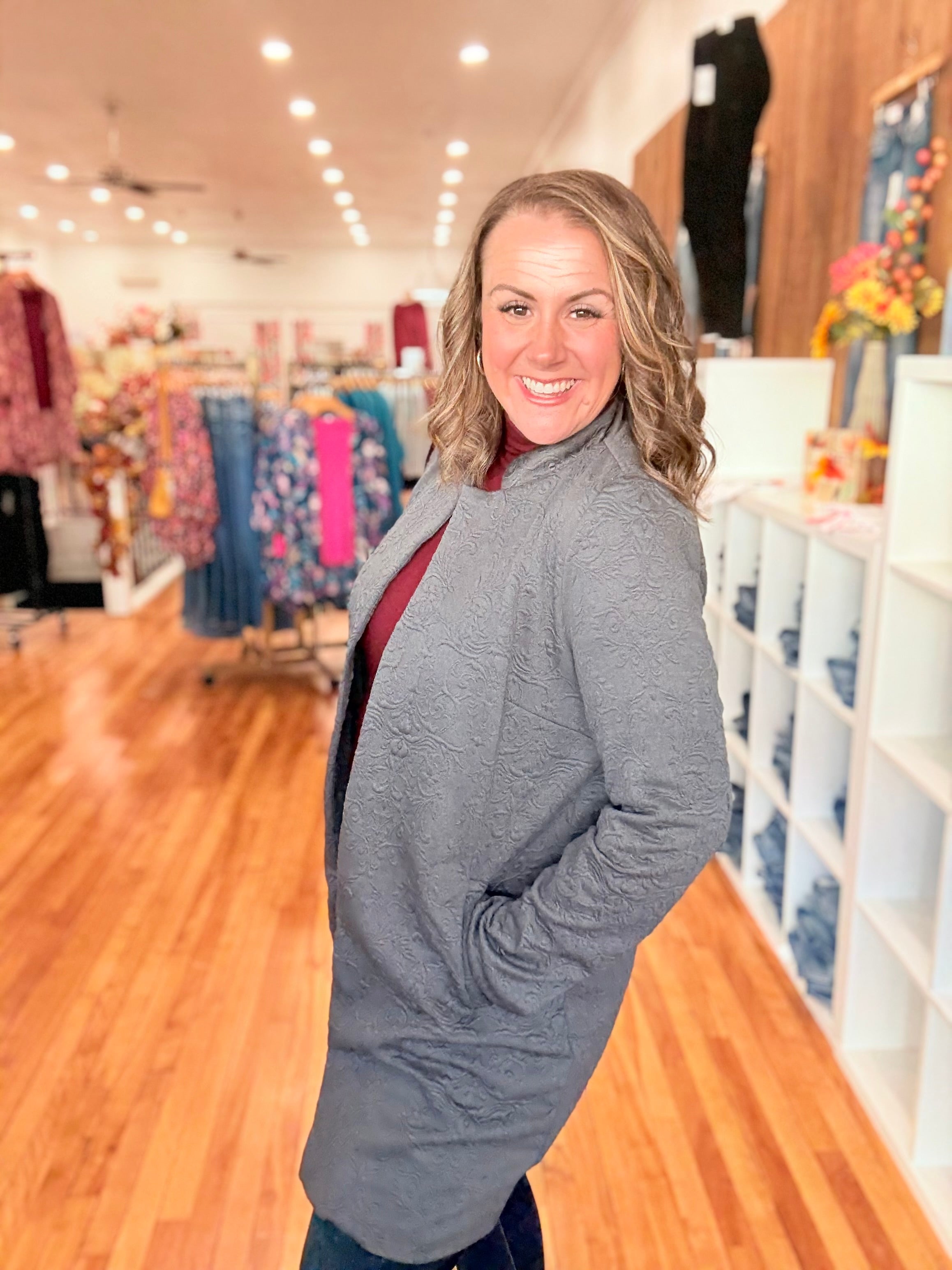 Elegant Jacquard Midi Coat- Charcoal