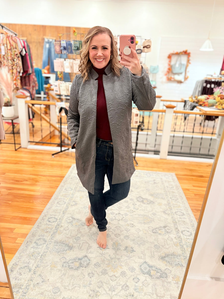 Elegant Jacquard Midi Coat- Charcoal