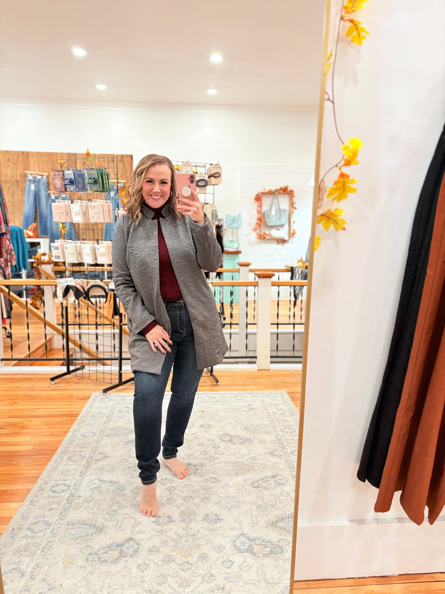 Elegant Jacquard Midi Coat- Charcoal