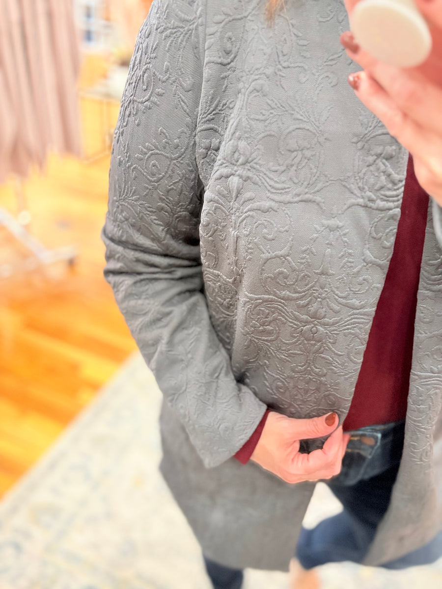 Elegant Jacquard Midi Coat- Charcoal