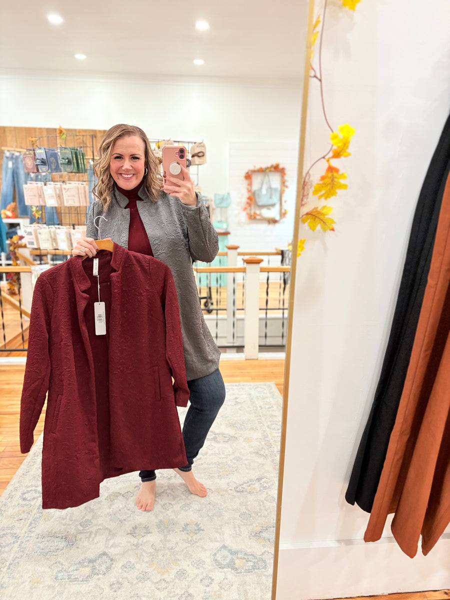 Elegant Jacquard Midi Coat- Charcoal