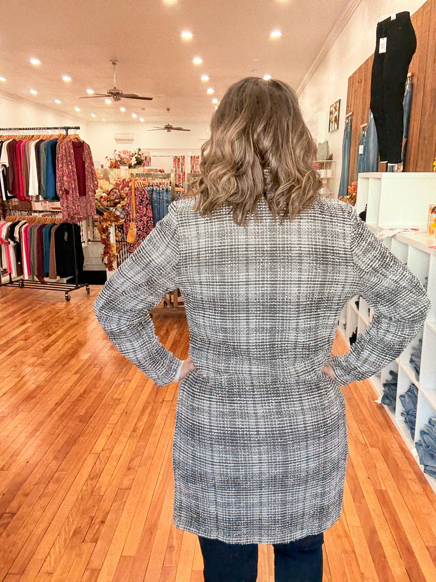 Open Front Midi Blazer- Black & Ivory