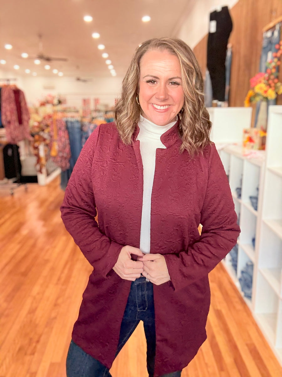 Elegant Jacquard Midi Coat- Wine