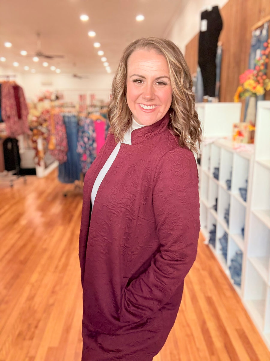 Elegant Jacquard Midi Coat- Wine