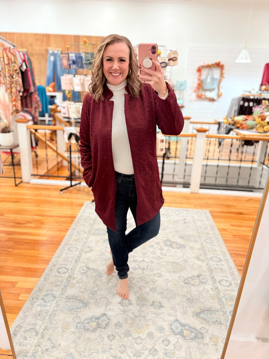 Elegant Jacquard Midi Coat- Wine