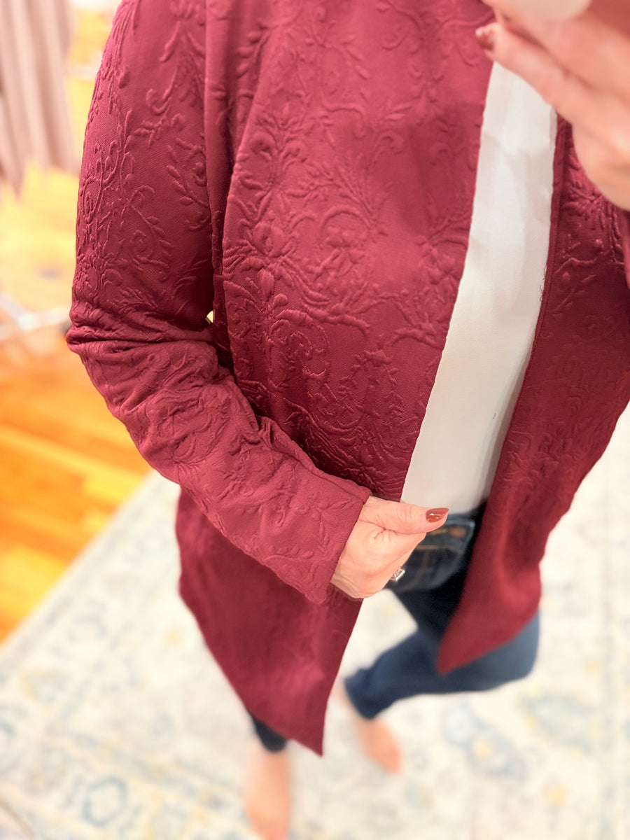 Elegant Jacquard Midi Coat- Wine