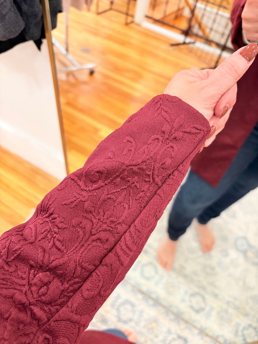 Elegant Jacquard Midi Coat- Wine