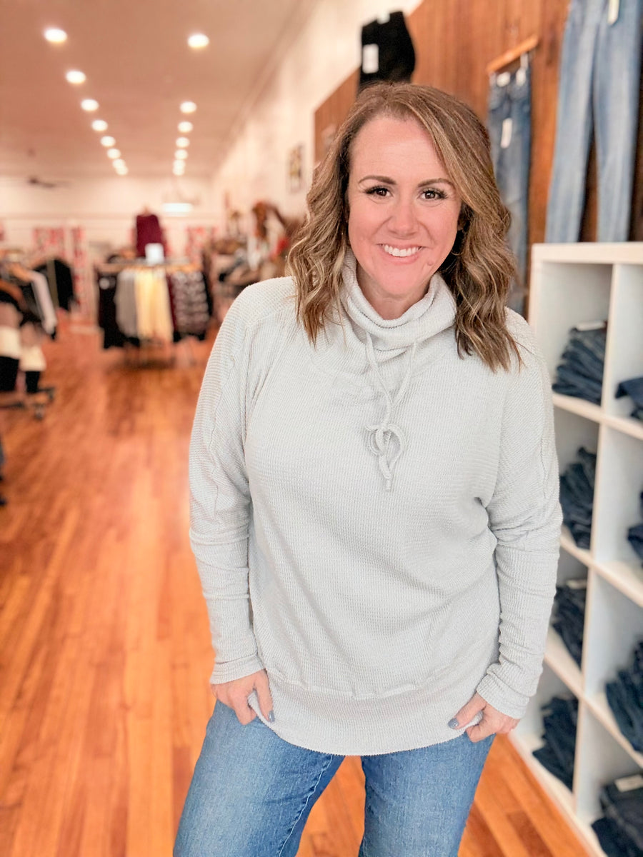 Light Grey Textured Knit Drawstring Cowl Neck Tunic