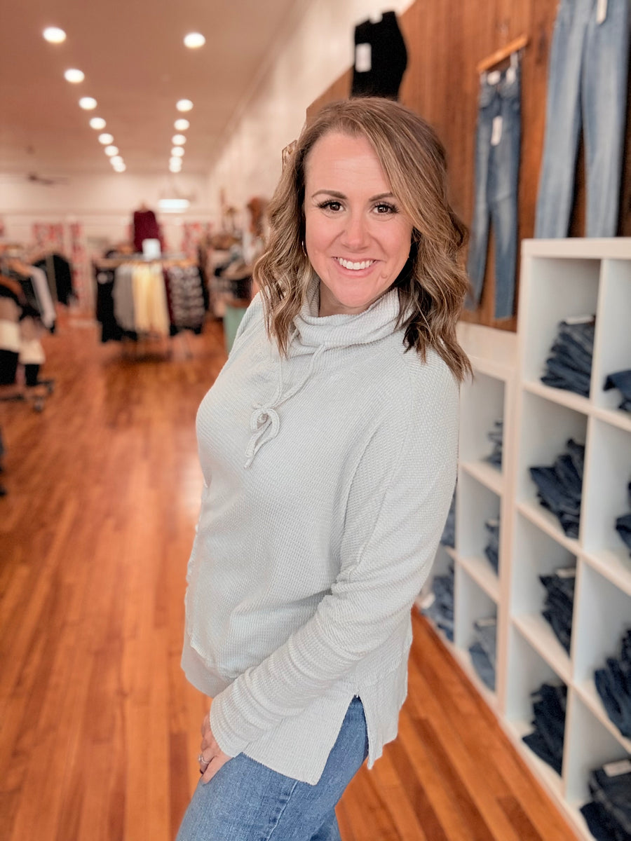 Light Grey Textured Knit Drawstring Cowl Neck Tunic