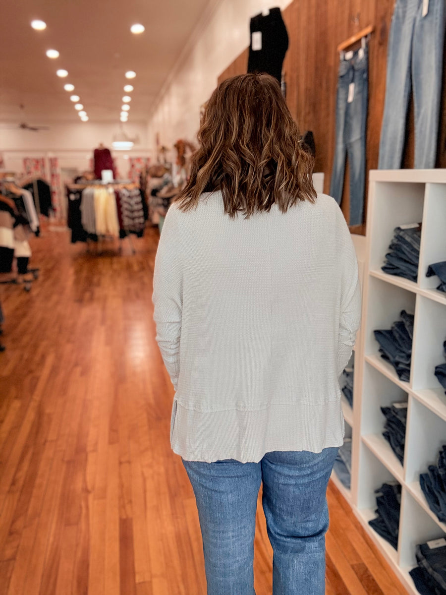 Light Grey Textured Knit Drawstring Cowl Neck Tunic