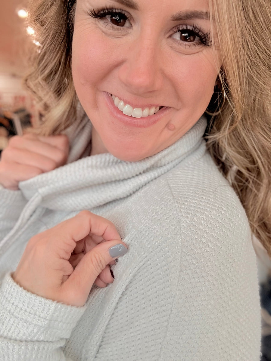 Light Grey Textured Knit Drawstring Cowl Neck Tunic