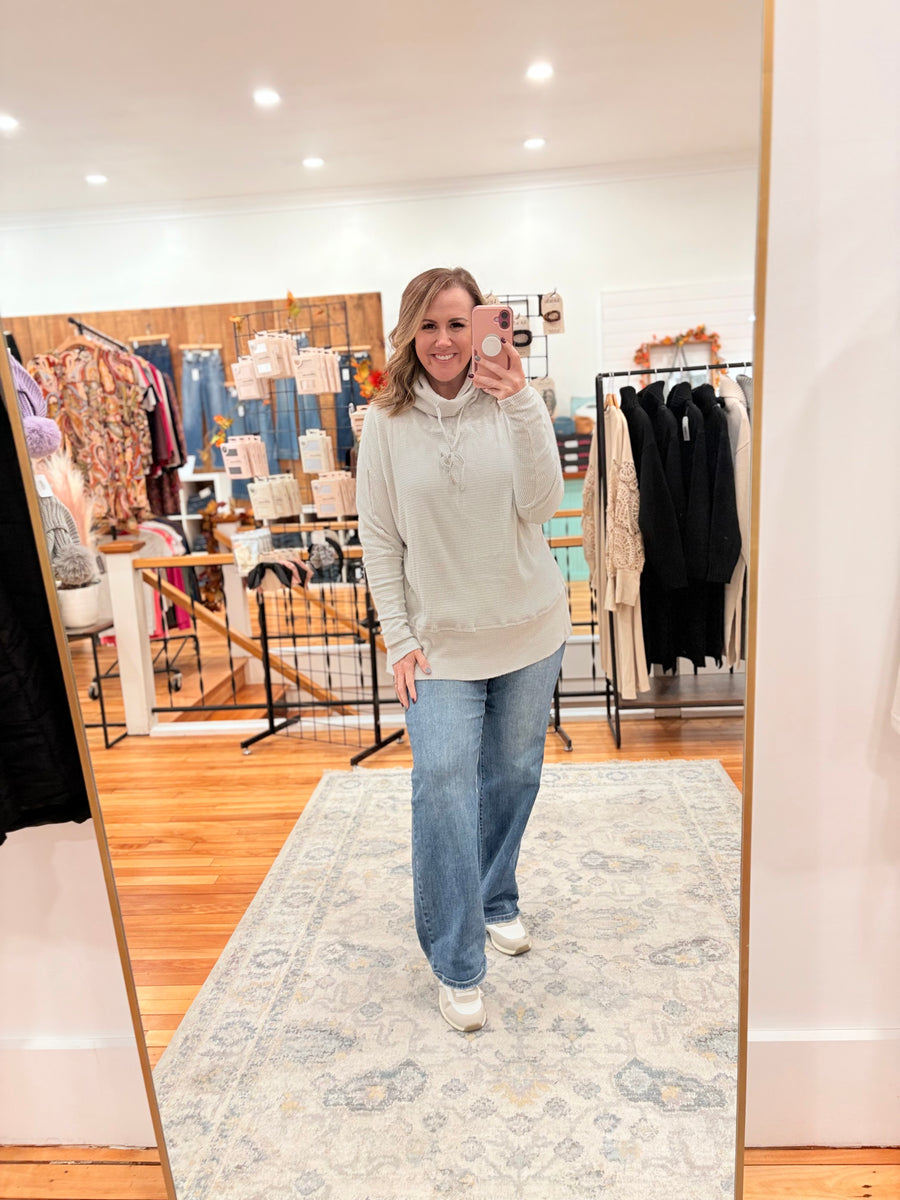 Light Grey Textured Knit Drawstring Cowl Neck Tunic