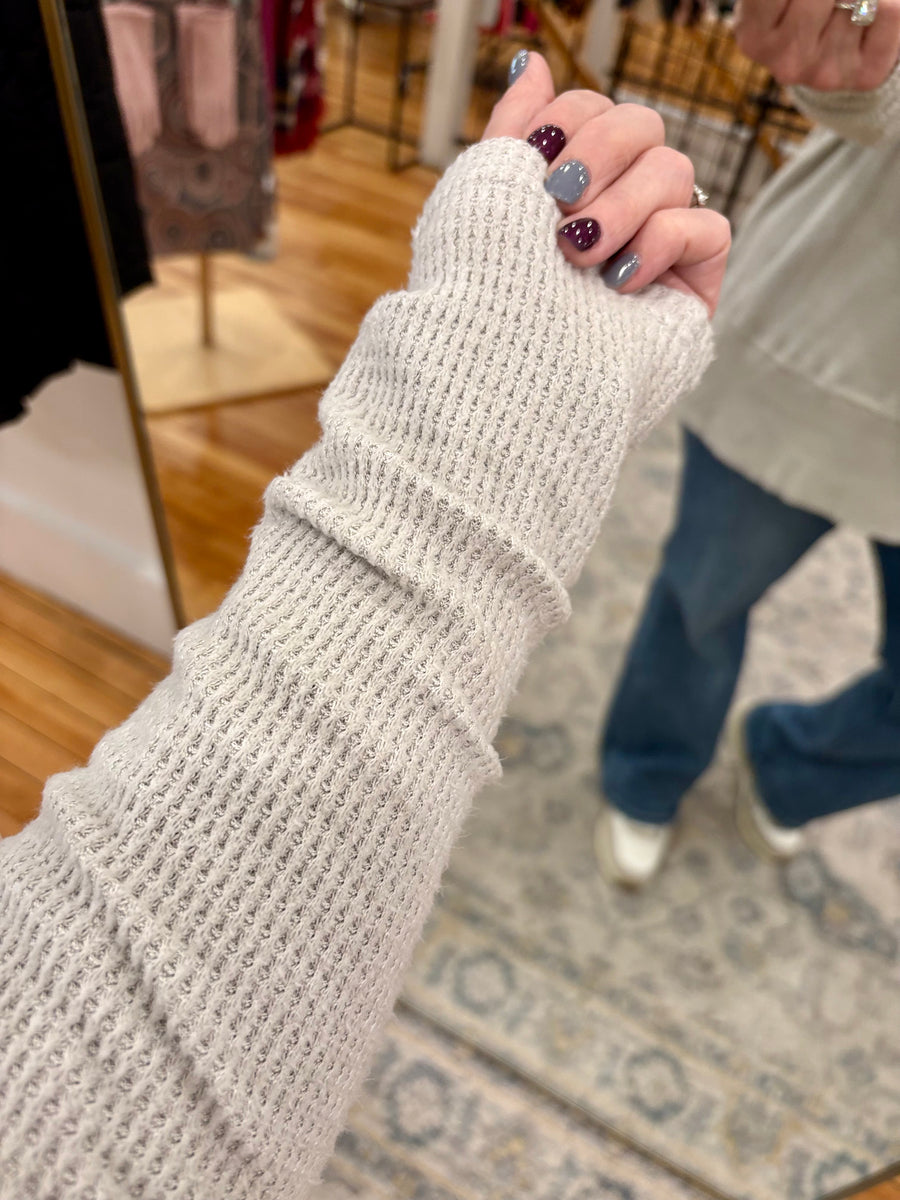 Light Grey Textured Knit Drawstring Cowl Neck Tunic