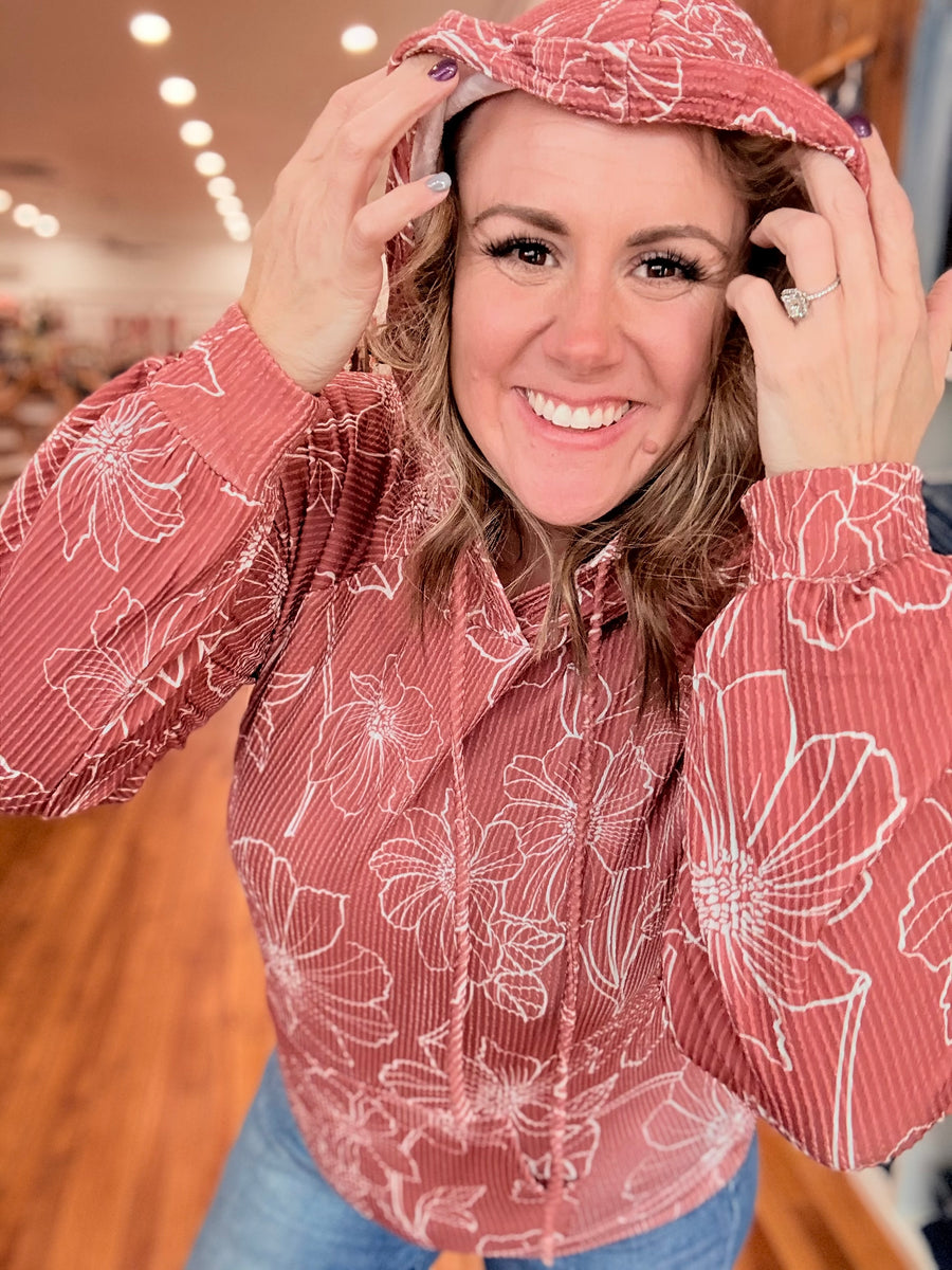 Urban Ribbed Floral Hoodie- Caramel