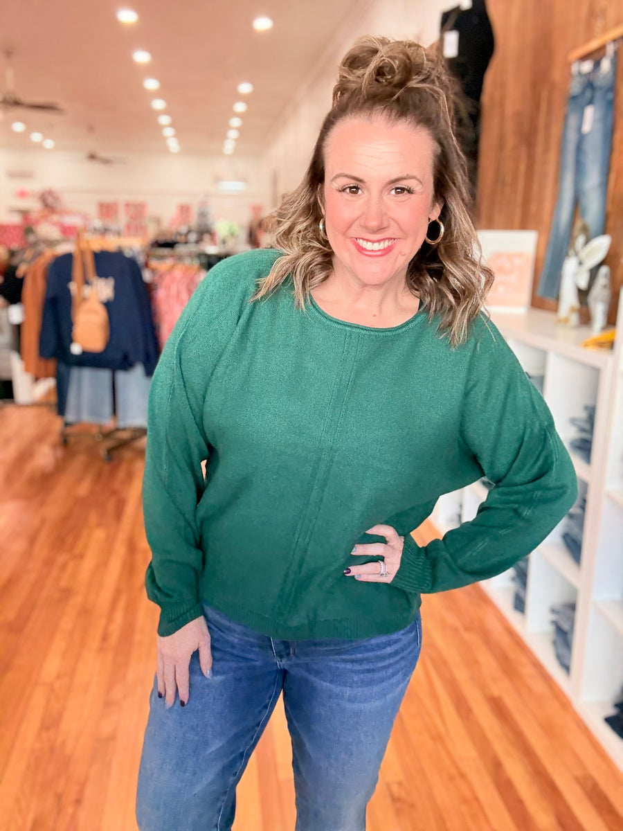 Front Seam Round-Neck Sweater- Hunter Green