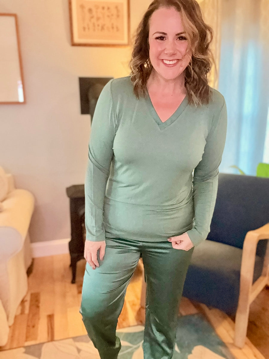 Elysees V Neck Knit Top- Dark Forest