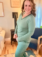 Elysees V Neck Knit Top- Dark Forest