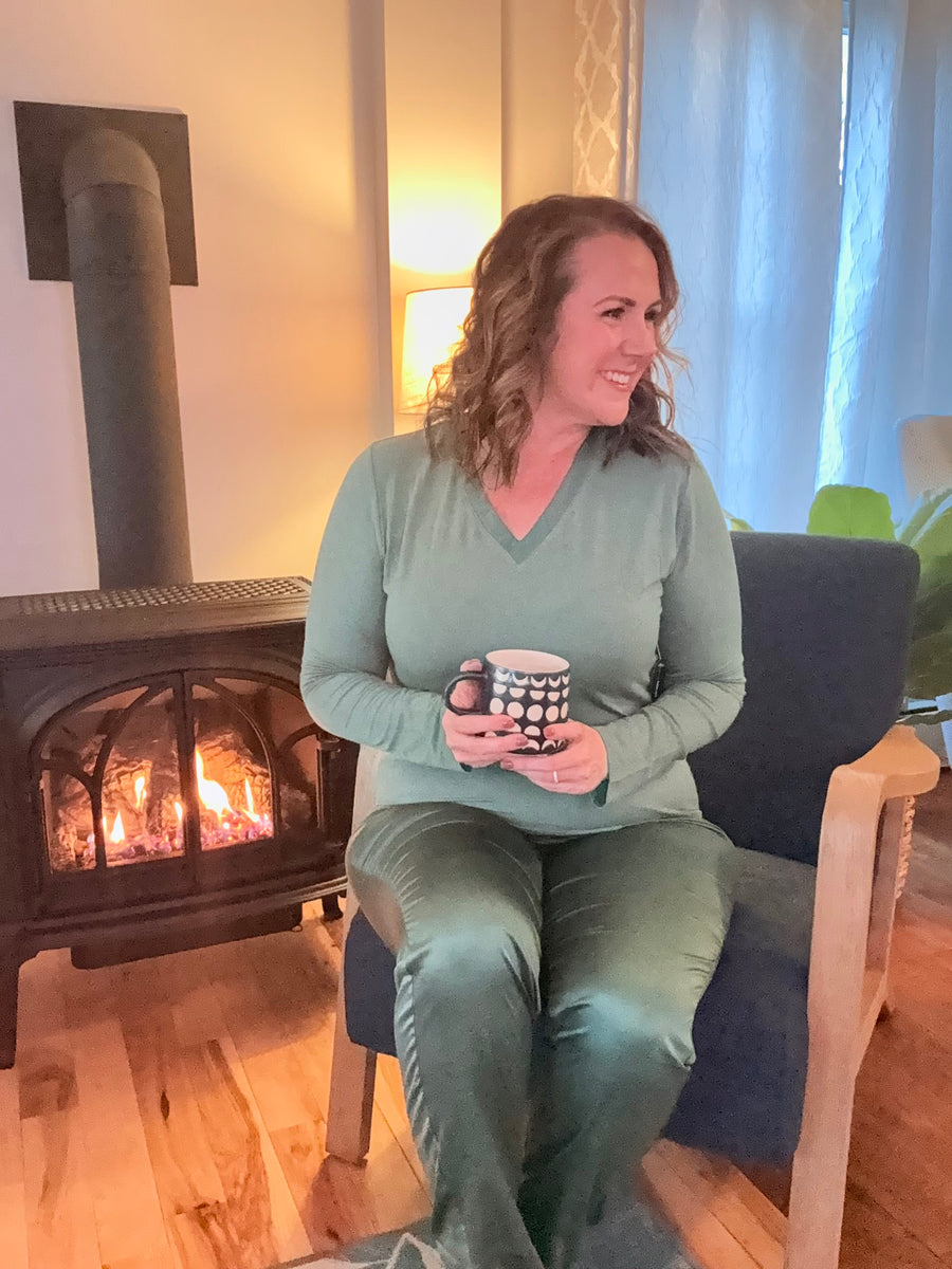 Elysees V Neck Knit Top- Dark Forest