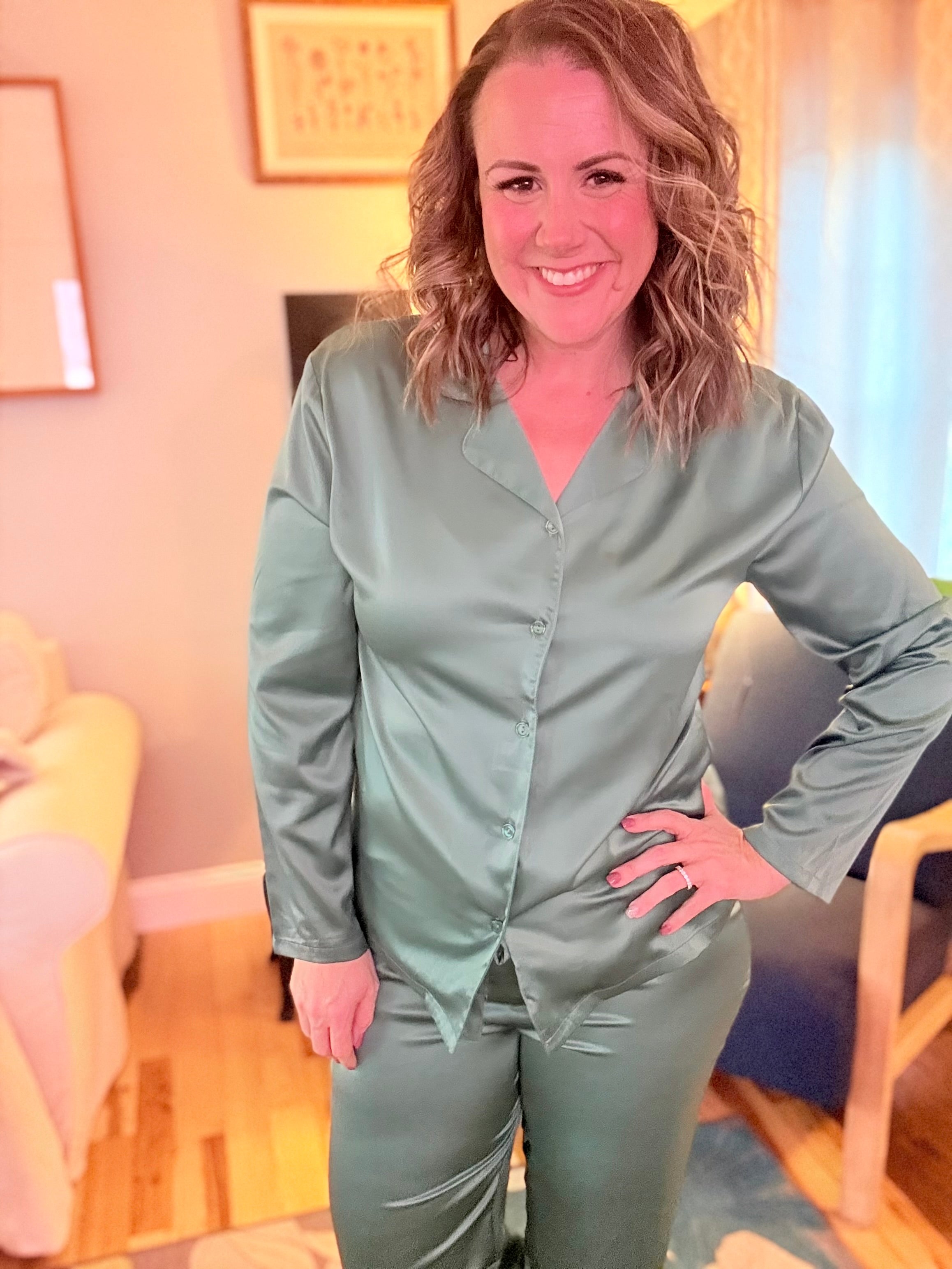 Elysees Satin Collar Top- Dark Forest