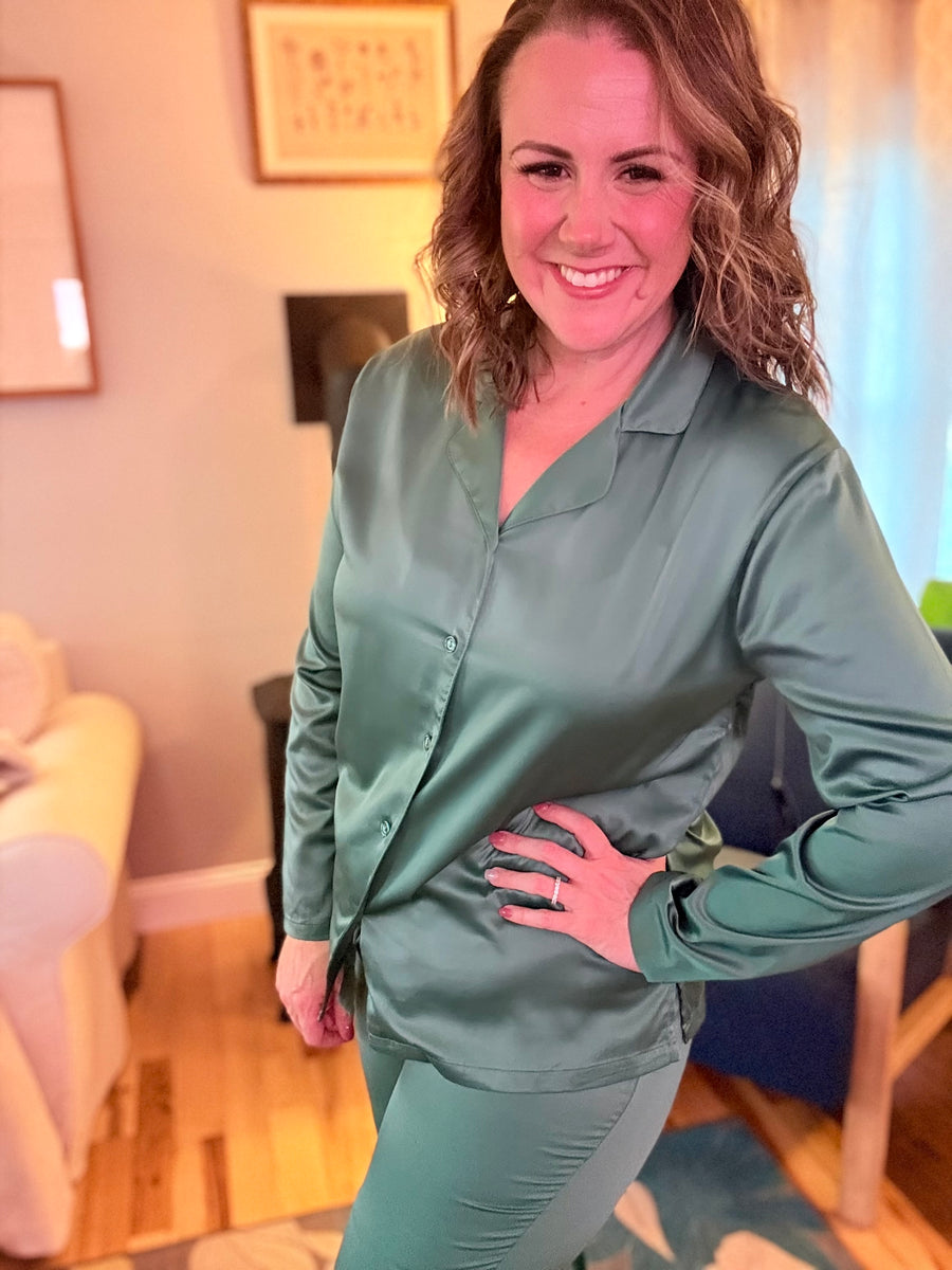 Elysees Satin Collar Top- Dark Forest