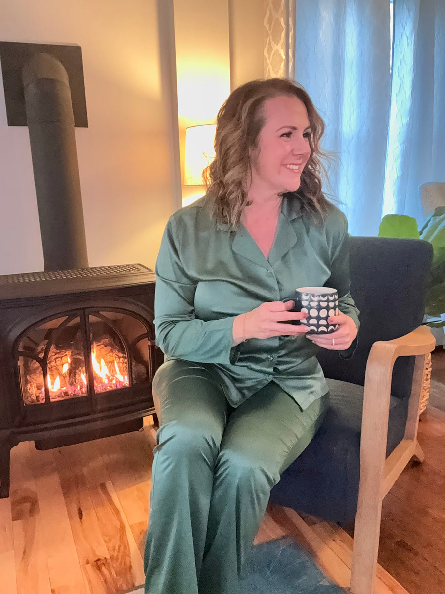 Elysees Satin Wide Leg Pant- Dark Forest