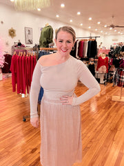 Metallic Glitter Midi Skirt- Blush