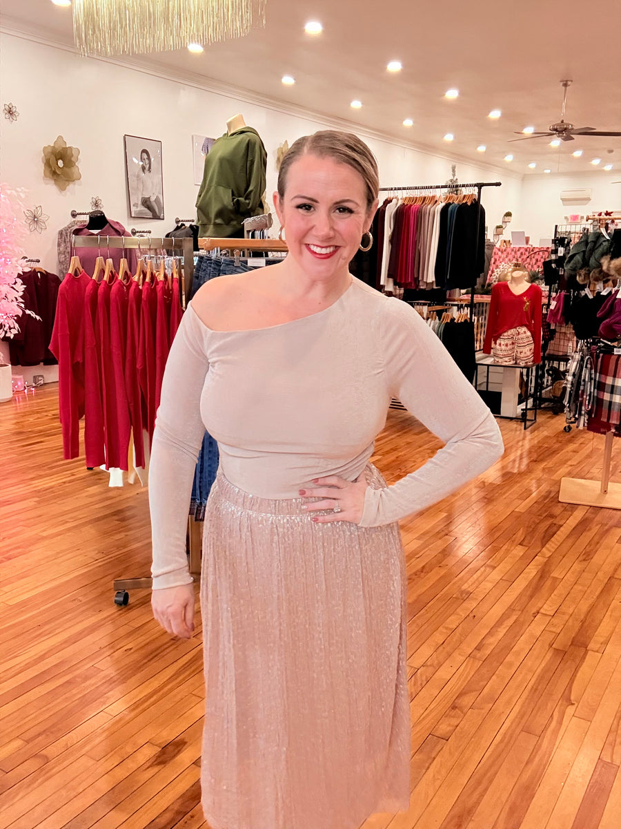 Metallic Glitter Midi Skirt- Blush