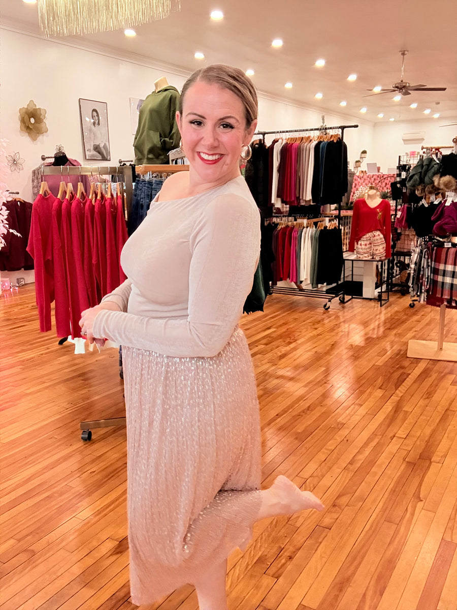 Metallic Glitter Midi Skirt- Blush