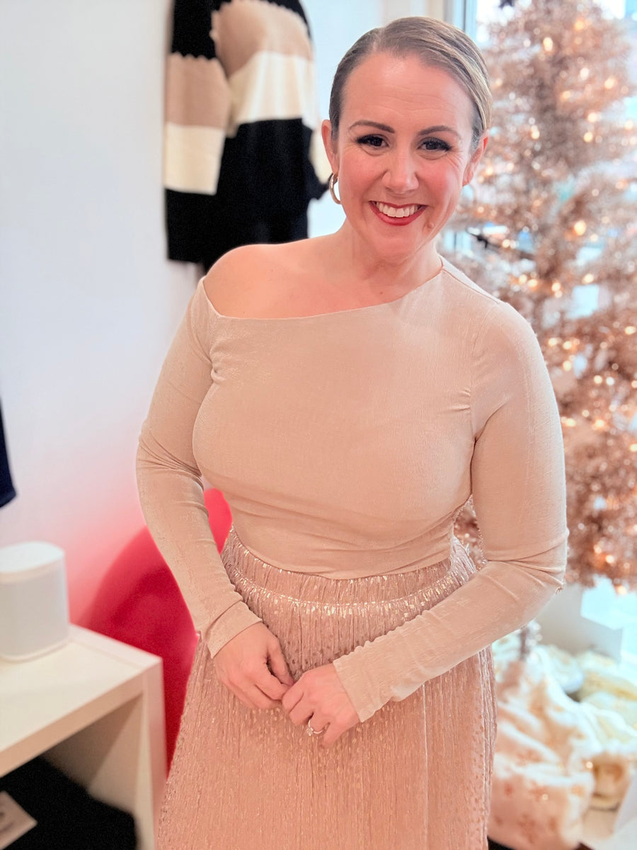 Metallic Glitter Midi Skirt- Blush