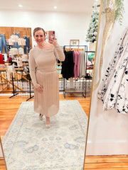 Metallic Glitter Midi Skirt- Blush